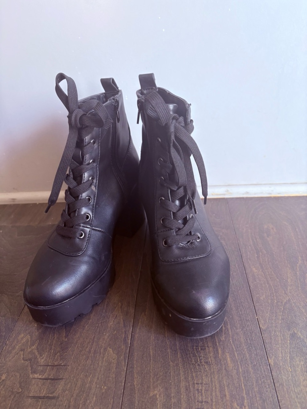 BAMBOO Black Lace-Up Platform Ankle Boots